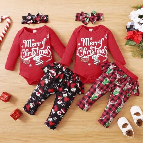 0-24M Newborn Infant Baby Girl 3Pcs Long Sleeve Romper Culottes Bow Headband Merry Christmas Cartoon Print Clothing
