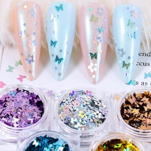6Jars/Set Butterfly Plum Blossom Nail Art Sequins Holographic Glitter Flakes Paillette Chameleon Stickers For Nails Design Decor