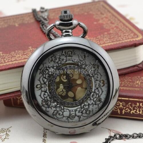 DHL Free Shipping 50pcs/lot Black Hollow Flower Retro Pocket Watch Top Quality Watch Necklace Gift Watch Factory Wholesale