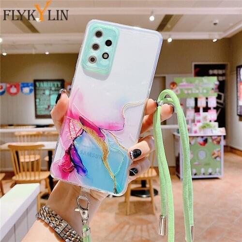 Lanyard Strap Marble Phone Case For Samsung Galaxy S21 Ultra S21 FE S21+ A52 A72 A32 A12 A22 A82 Soft Silicone Transparent Cover