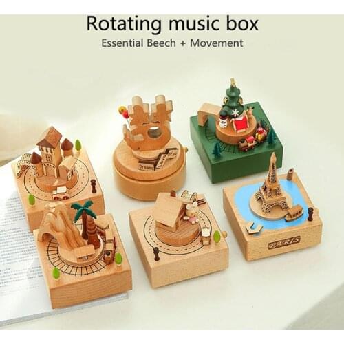 1PC Wooden Music Box Rotating Clockwork Music Boxes Creative Roller Coaster Castle Christmas Train Movement Music Box Ornaments