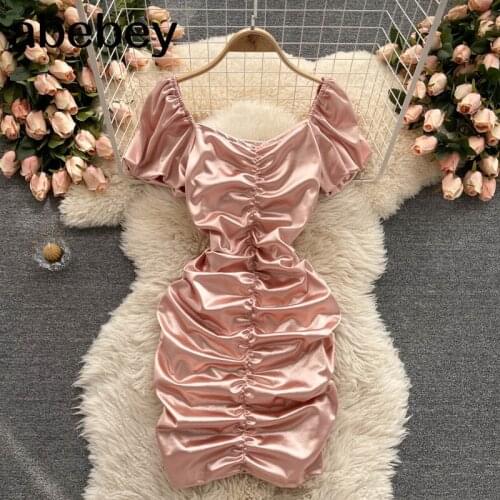 Design Drawstring Ruched Satin Dress Women Korean Puff Sleeve Sexy Slim Party Dress Summer Chic Streetwear Mini Dress