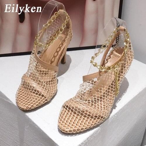 Eilyken New Breathable Mesh Round Toe Stiletto High Heels Pumps Fashion Metal Metal Ankle Buckle Strap Women Sandals Dress Shoes
