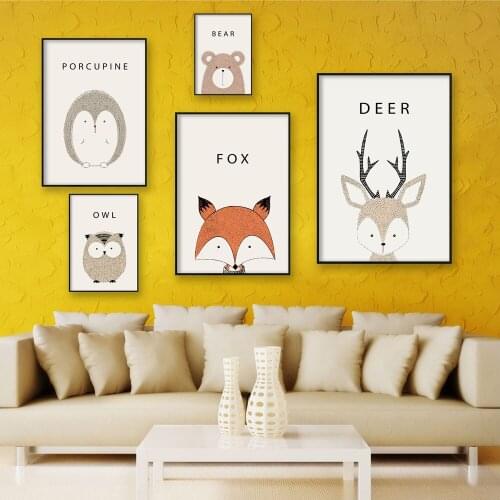 Elegant Poetry Nordic Lovely Animal Cartoon Deer Head Bear Owl A4 Canvas Painting Art Print Poster Picture Wall Home Decor Wall