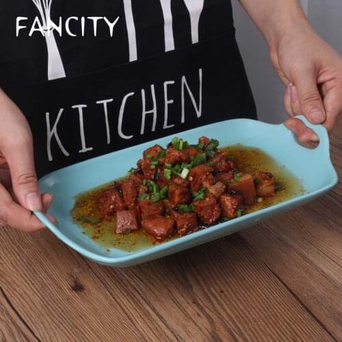 FANCITY Japanese Creative Binaural Irregular Ceramic Tableware Square Plate Microwave Baking Plate Fruit Salad Plate Snack Plate