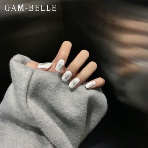 GAM-BELLE French Fake Nails White Silver Glitter Graffiti Pattern Full Cover False Press On Nails Decorations DIY Manicure Tool