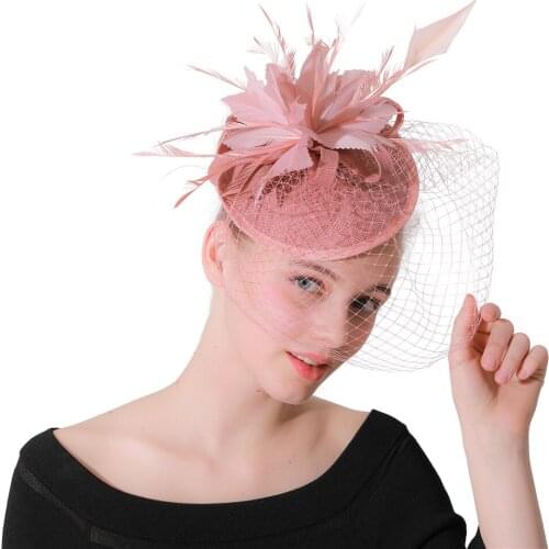Fashion Peach Party Fascinators Hats With Face Veils Bridal Headpieces Ladies Fancy Races Wedding Feather Flower Hair Accessory