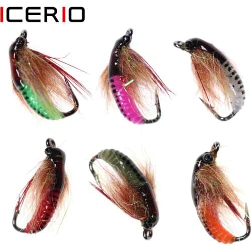ICERIO 12PCS #6 UV Beadhead Insect Lures Caddis Pupa Nymph Fly Trout Fishing Bait Lure Ice Fishing Hook Baits