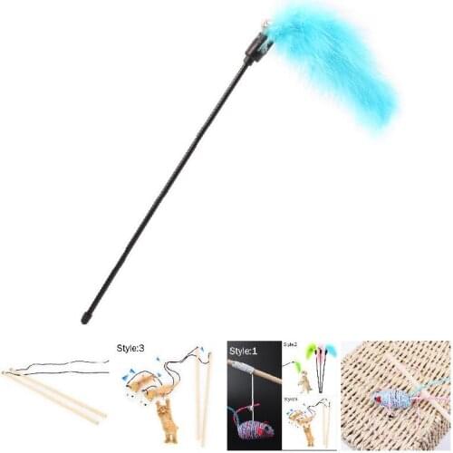 Pet Cat Teaser Toy with Bell Mouse/Feather Wand Stick Kitten Play Interactive Toys B1