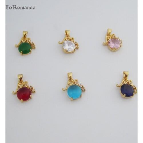 FoRomance YELLOW GOLD GP 18INCH LINK BOX CHAIN NECKLACE&SIX COLORS RED BLACK BLUE GREEN CLEAR LOOKS MOM PENDANT HANGS 0.87inch