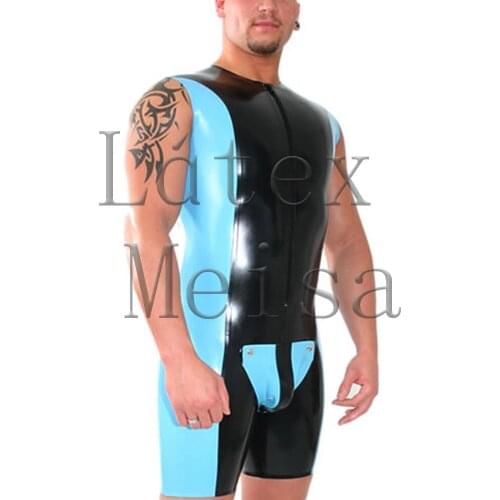 Latex catsuit males fetish sleeveless latex jumpsuit with cod piece main in black and sky blue trim color