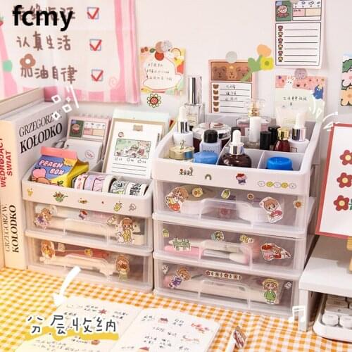 Ins Desktop Cosmetic Storage Box Desk Shelf Student Dormitory Desk Finishing Artifact Drawer Box Desk Organizer Stationery Hold
