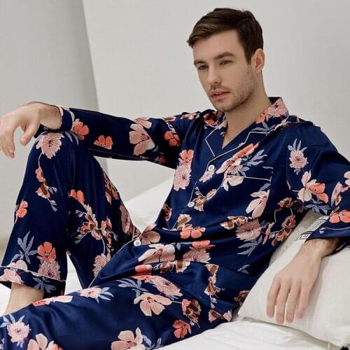 Casual Satin Pajamas Set Male Sleepwear 2PCS Sleep Set Print Kimono Bathrobe Gown Shirt&pants Men Nightwear Suit Homewear