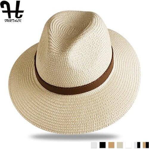 FURTALK Summer Straw Hat for Men Women Sun Beach Hat Men Jazz Panama Hats Fedora Wide Brim Sun Protection Cap with Leather Belt