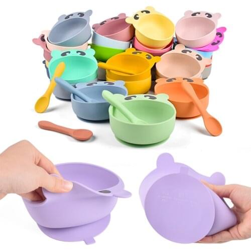 Silicone Baby Cartoon Feeding Bowl Tableware Waterproof Spoon Non-Slip Crockery BPA Free Silicone Dishes for Baby Plate