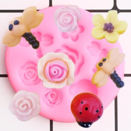 3D Dragonfly Ladybug Silicone Molds Rose Flower Cupcake Topper Fondant Fairy Garden Cake Decorating Resin Candy Chocolate Mould