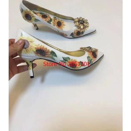 Female Pumps Sun Flower Printed Women Shoes Fashion Office Work Wedding Party Shoes Ladies Low Heel 6CM Crystal Wedding Shoes