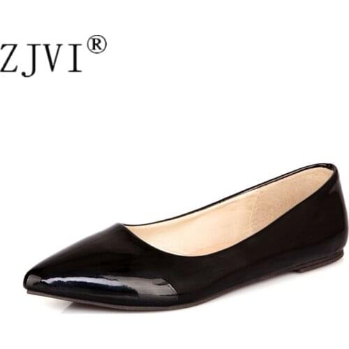ZJVI Women Pointed Toe Flats Patent PU Flat Shoes Ladies Woman Womens Elegant Work Party Shoes 2021 Spring Summer Plus Size 4-14