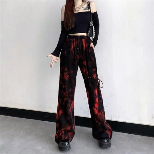 Women Tie Dye Cool Street Goth Wide Leg Pant Dark Gothic Black Red Lady Long Pants Autumn Elastic Waist Lace-up Slim Trouser