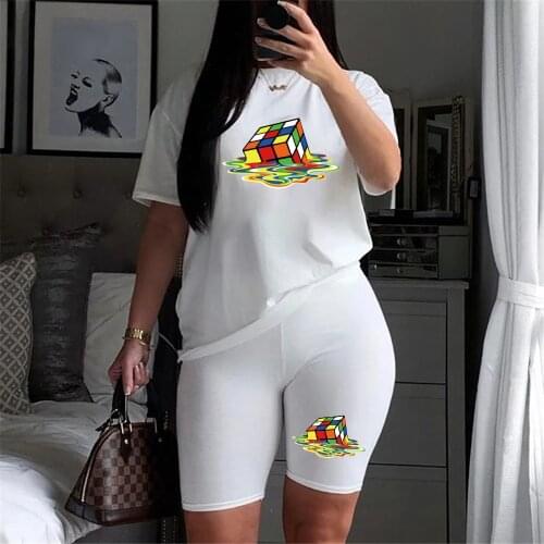 LGBTQ Summer Two-piece Set Women Be Kind Rainbow Letter Printing Geometric Abstract Loose T-shirt High-waist Biker Shorts Set