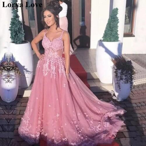 Pink Prom Dresses 2020 Women Formal Party Night Long Vestidos De Gala Appliqus Lace Spaghetti Straps Elegant Tulle Evening Dress