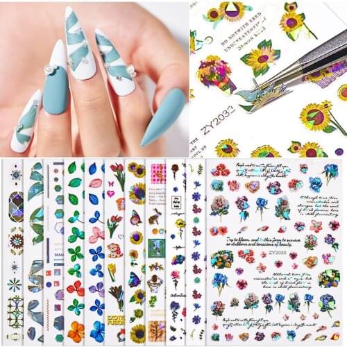 1PC Summer Design 3D Stickers For Nails Laser Gold Flower Leaf Series Decorations Sliders Nail Art Sticker Decals