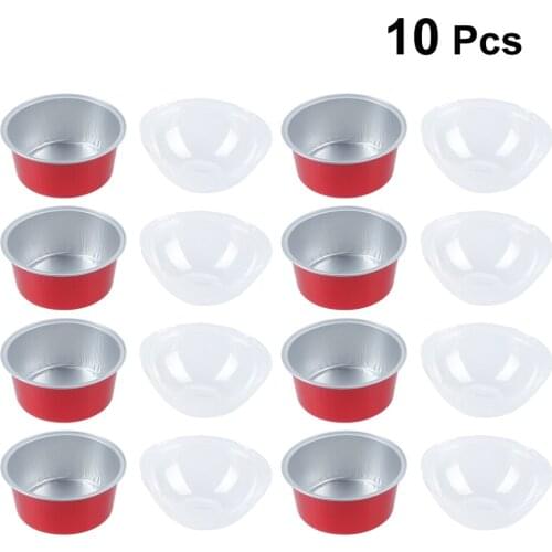 10 Sets 125ml Round Aluminum Foil Baking Cups With Clear Lids Heat-Resistant Puff Cup Cupcake Wrappers (Red+Domed Lid)