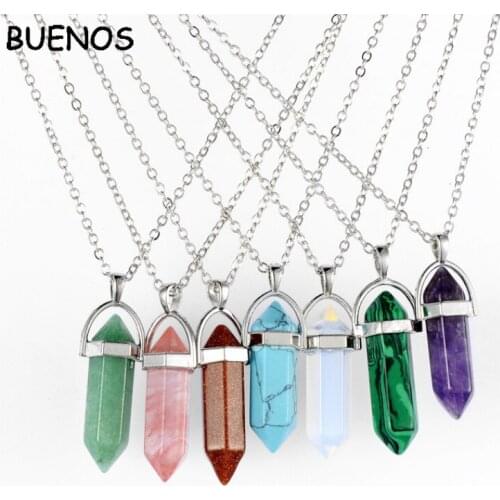 BUENOS Hot sale Hexagonal Column Quartz Necklaces Pendants Trendy Natural Stone Bullet Crystal Pendant Necklace Women Jewelry