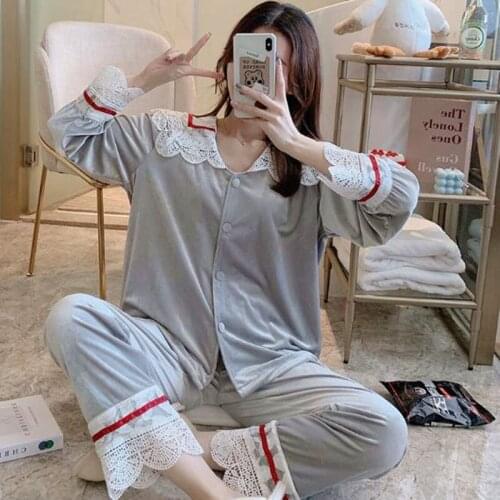 Fdfklak Womens Pajamas Set Long Sleeve Warm Winter Home Clothes Elegant Gold Velvet Sleepwear Suit New Pijama Feminino