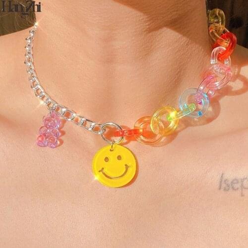 HangZhi 2021 New Smiley Bear Strawberry Pendant Transparent Acrylic Chain Necklace Hip-hop Clavicle Necklace for Women Jewelry