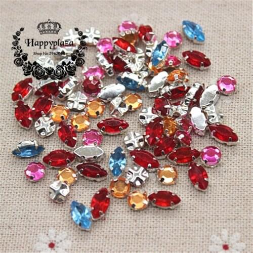100pcs Mix Colors Acrylic Round/Horse Eye Sew On Rhinestone With Claw Sewing On Metallic Setting Metal Claws 4 Holes