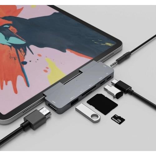 Multi function Usb Type-C 7 in 1 Hub with 4K HD-MI USB3.0 Type C PD SD/TF Card reader 3.5 stereo audio aluminum alloy for ipad