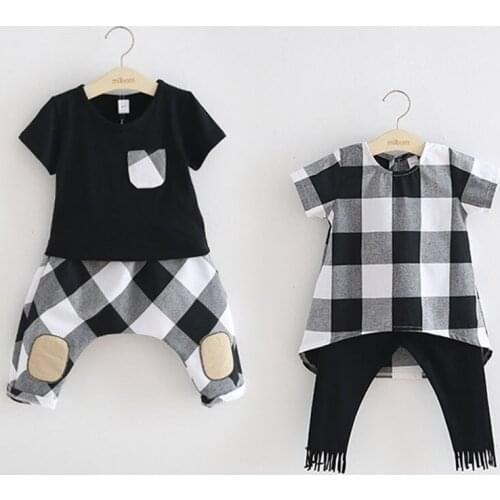 2019 fashion Brother sister Clothes Summer New Children Lattice Short Sleeve+Shorts Suit Boy Girls Clothing Set