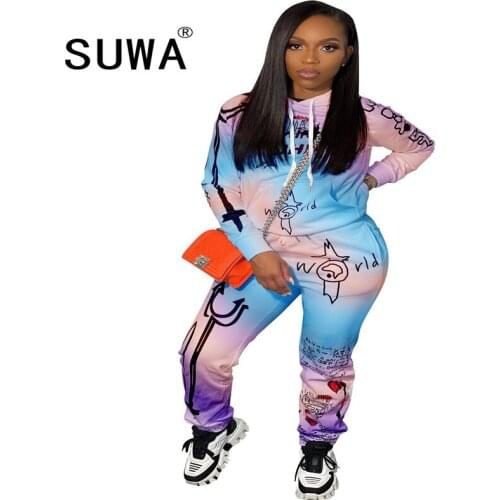 Trendy Chic Printed Loungewear Women Two Piece Outfits Matching Sets Long Sleeve Fall Pullover Sweatshirt Top High Waisted Pants