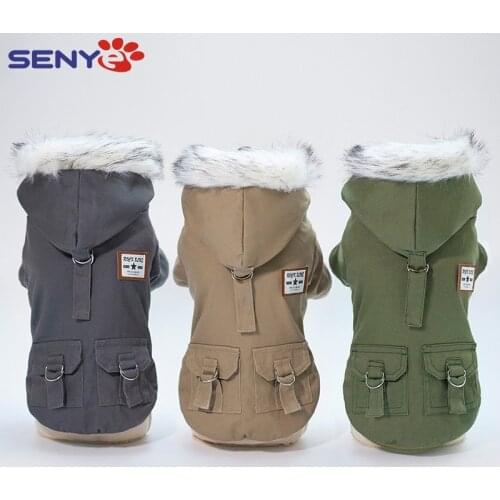 Military Fashion Handsome High Quality Warm Hooded Double Pocket Two-legged Front Button Pet Cotton Coat