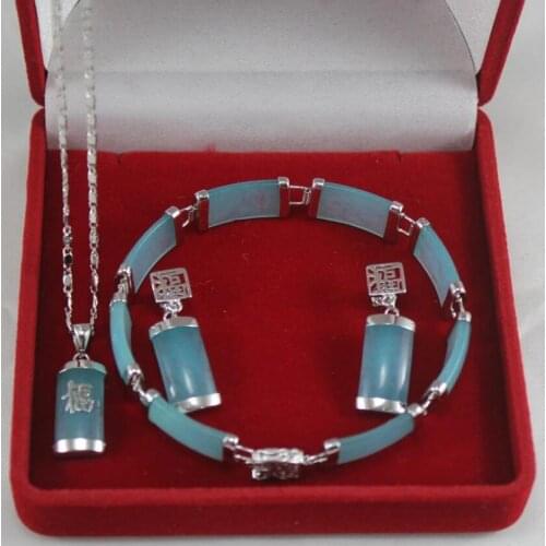Fashion silver plated lucky bamboo light blue jade pendant + Bracelet + Earring Set
