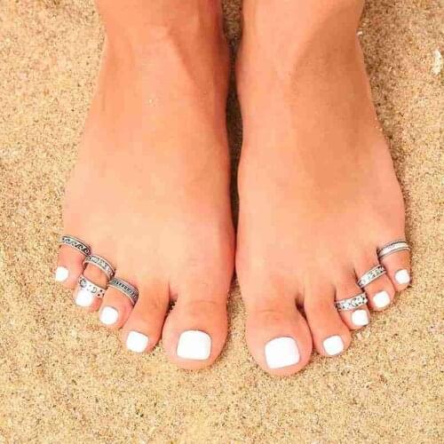 7pcs Foot Ring Sets Women Bohemia Waves Moon Stars Pattern Open Silver Color Feet Rings Female Simple Retro Beach Party Jewelry