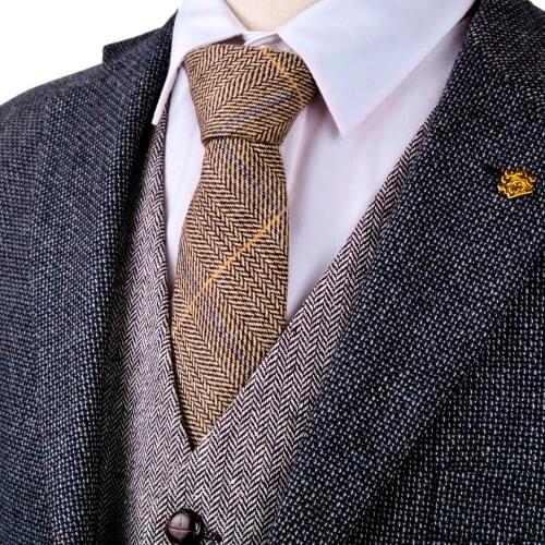 New H40 Checked Herringbone Tweed Brown Camel Wool Mens Ties Neckties Wholesale Handmade Casual Formal Business Free Shipping