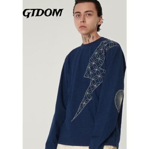 GTDOM Lovers Spring Autumn 2021 New T-shirts Cotton Hip Hop Casual Vintage Tees Denim Lightning Embroidery Long Sleeve Clothing