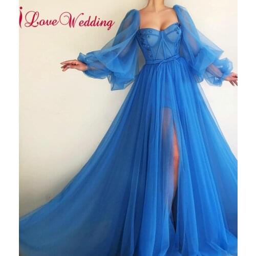 New Arrival Sweetheart Blue Evening Dresses Long Custom made A Line Dubai Long Bell Sleeves Sexy Evening Gown