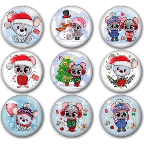 Happy new year glass cabochon,year of the rat Christmas mouse Round photo glass cabochon demo flat back Making findings