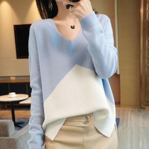 New cashmere sweater for autumn and winter 2021 womens V-neck loose long sleeve 100 pure wool Pullover Sweater knitted bottomed