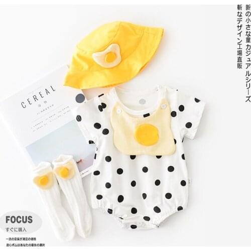 Baby Clothes Infant Boys Girls Cartoon Cute Eggs Polka Dot Short Sleeved Romper + Hat Newborn Summer Bodysuit Clothes Outfits