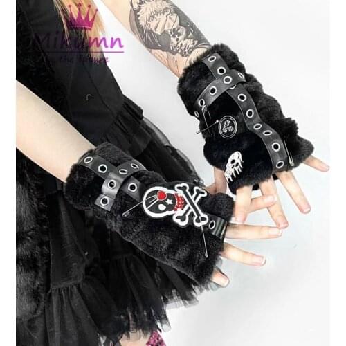 Harajuku Punk Skull Patch Plush Gloves Women Winter Warm Faux Fur Cute Half Finger Gothic Black Gloves Streetwear
