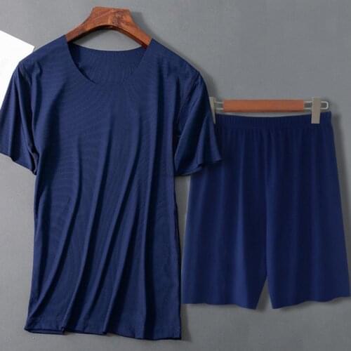 2PCS Men Pajama Sets Solid Color Short Sleeve Tees Top & Loose Shorts Pijamas Male Summer Sleepwear Nightwear pyjama homme