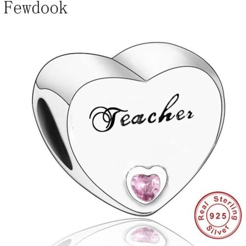 Fit Original Pan Charm Bracelet Real 925 Silver Heart Shape Pink Stone Teacher Bead For Making School Thank Berloque 2020