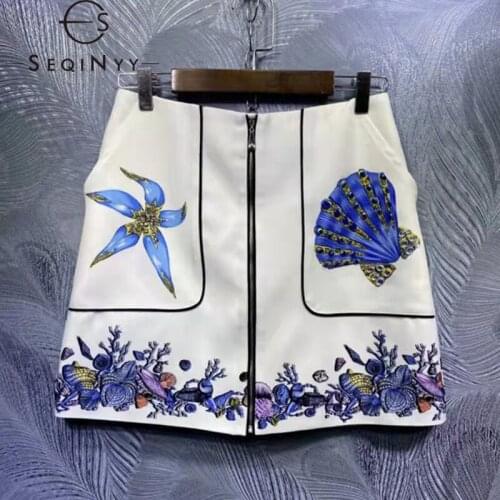 SEQINYY Summer Mini Skirt New Fashion Design Women Runway High Quality Starfish Print Crystal Sequins Casual Pockets