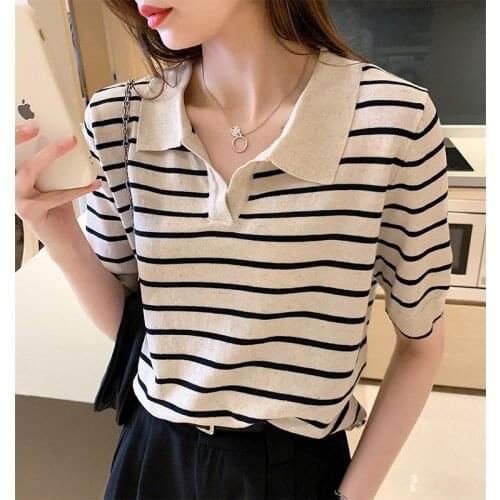 Korean Chic New Summer Striped Knitted T-shirts Women Casual Turn-down Collar Short Sleeve Harajuku Tees Aesthetic Clothes 2021