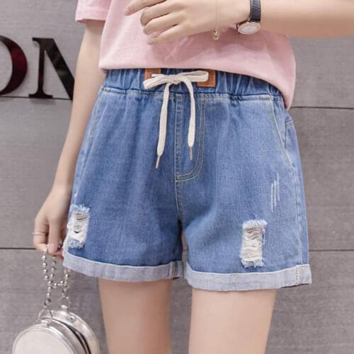 S-4XL Plus Size Casual Summer Shorts Drawstring Waist Washed Ripped Jeans Denim Shorts Women Streetwear Wide Leg Hotpants C7285