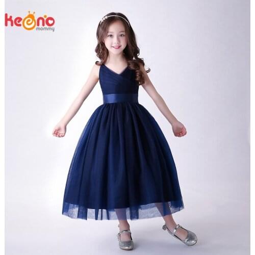 Keenomommy V-Neck Navy Blue Girls Dress Sleeveless Kids Formal Dresses Ball Gown Vestidos Wedding Dress